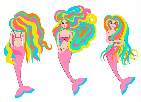 Set Mermaids Colorful Hair — Stock Vector