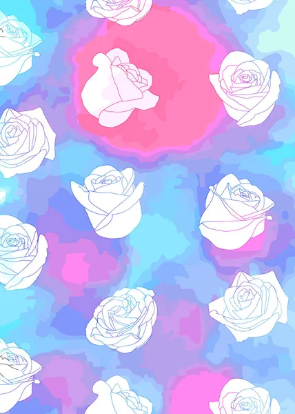 青とピンクの水彩絵具を背景に白いバラの模様 — ストックベクタ