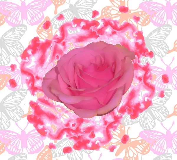 Carte Vœux Avec Une Rose Sur Fond Aquarelle Rouge Sur — Image vectorielle