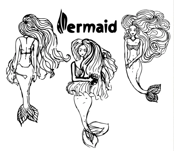 Set Mermaid Sketches Black Lines White Background — Stock Vector