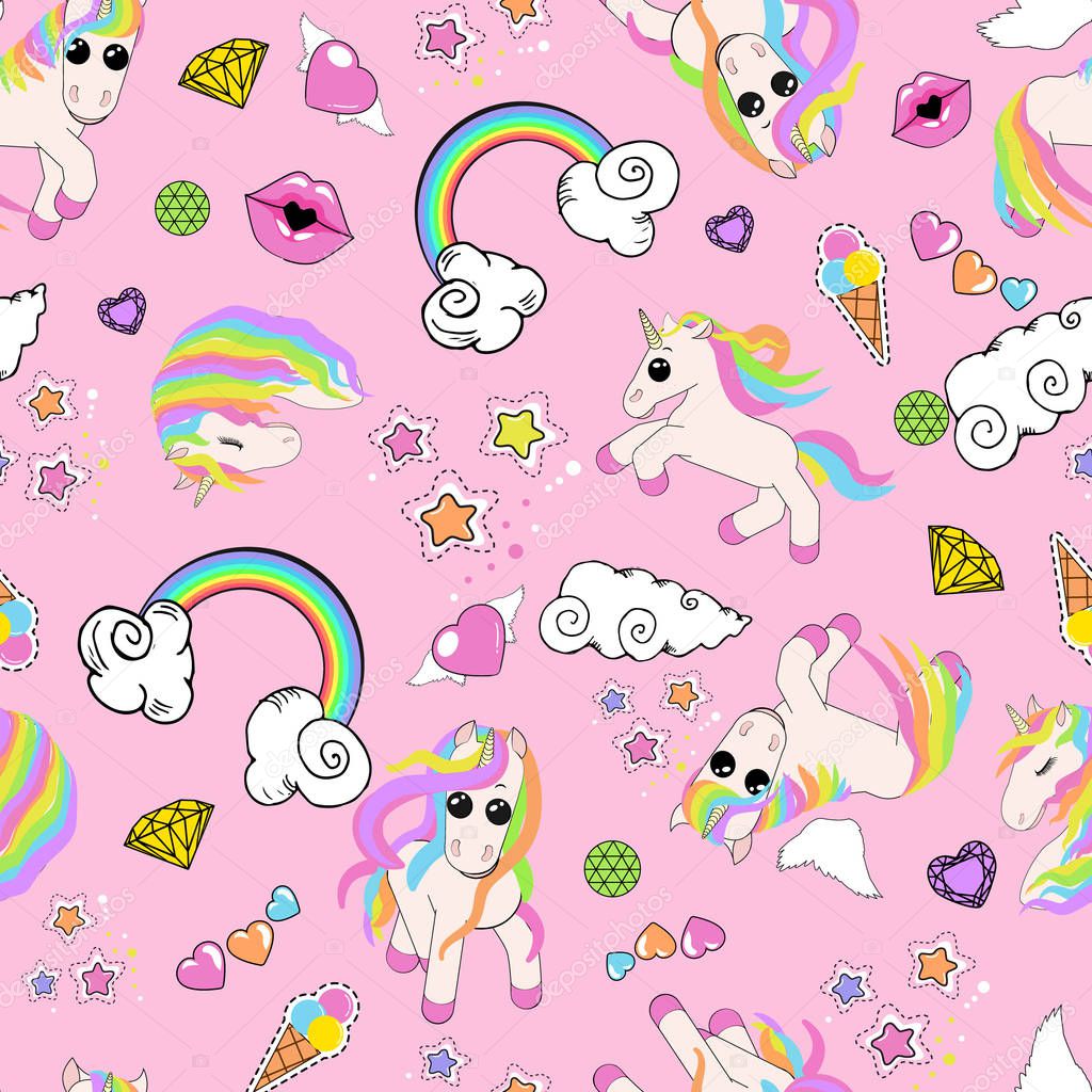 vector illustration of small unicorns with rainbow-colored hair pattern isolated on pink background