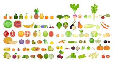 simgeler meyve ve sebzeler farklı türlerin kümesi tüm ve bölüm vardır. Beyaz arka plan üzerinde izole karikatür simgeler kümesi. Kartları, afiş, basılı malzemeler için renkli tasarım.