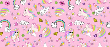 Gökkuşağı renkli saç desenli pembe arka plan izole küçük tek boynuzlu at vektör çizim