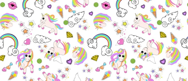 Ilustración Vectorial Pequeños Unicornios Con Patrón Pelo Color Arco Iris — Archivo Imágenes Vectoriales