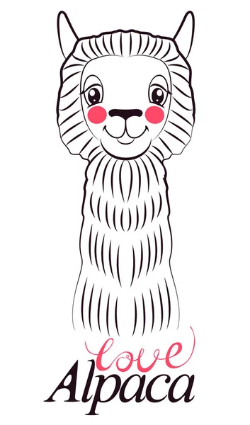 Cartão de alpaca amor para férias e decoração com lama bonito. esboço de uma alpaca sorridente com linhas pretas . —  Vetores de Stock