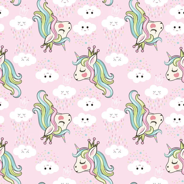 Unicornio rosa con nubes patrón vector — Vector de stock