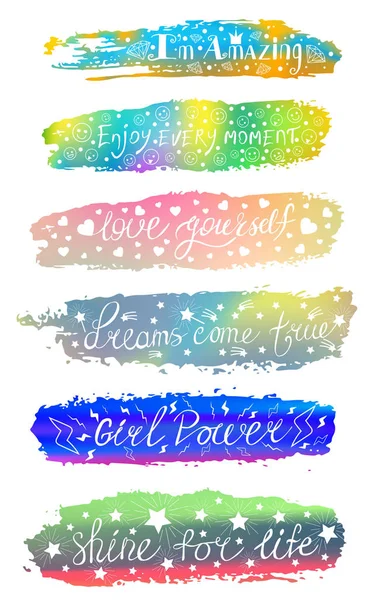 Eine Reihe von Slogans auf dem Hintergrund eines Pinselstrichs in verschiedenen Farben. — Stockvektor