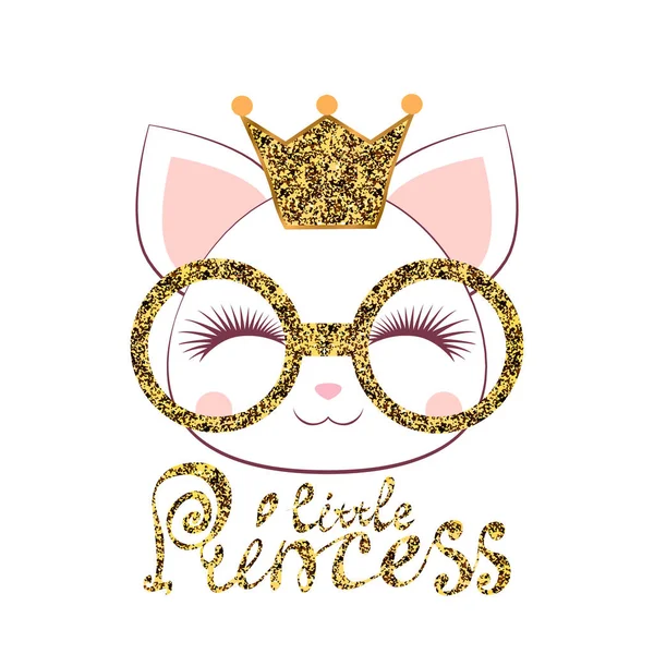Bozal de una gatita con una corona de oro y gafas con una inscripción una pequeña princesa sobre fondo blanco — Vector de stock