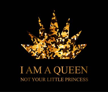 Ben bir kraliçeyim, siyah arka plan üzerinde altın ışıltılı dokulu taç ile küçük prenses metin değil.