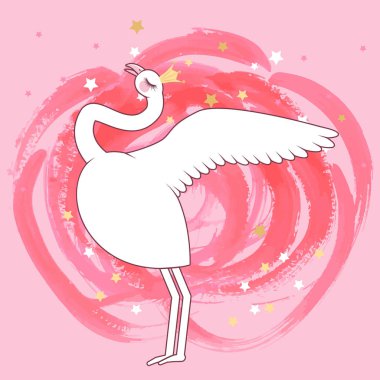 pembe bir arka plan üzerinde soyut kırmızı gül boyalı suluboya ile sevimli flamingo kraliçe.