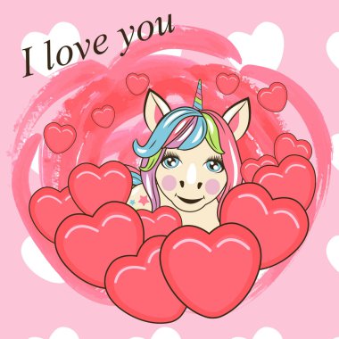 Sevgililer günü kartı sevimli çizgi Unicorn ile