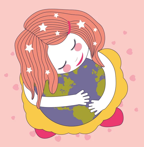 Linda niña abrazando el globo. el concepto de cuidar el planeta tierra. el cuidado del medio ambiente . — Vector de stock