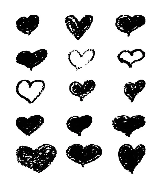 A set of hand-drawn black hearts. Design elements with a grunge texture for gift cards, invitations and valentines. — Stock Vector