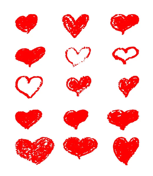 손으로 그린 빨간 하트 세트. 기프트 카드, 초대장 및 발렌타인 데이를위한 그런지 텍스처가있는 디자인 요소. — 스톡 벡터