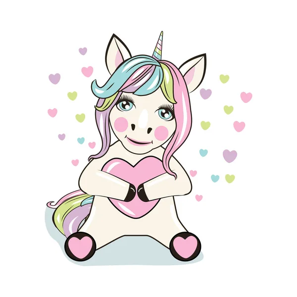 Unicornio con ilustración de dibujos animados corazones. Se puede utilizar para la impresión de la camiseta del bebé, diseño de impresión de moda, desgaste de los niños — Vector de stock