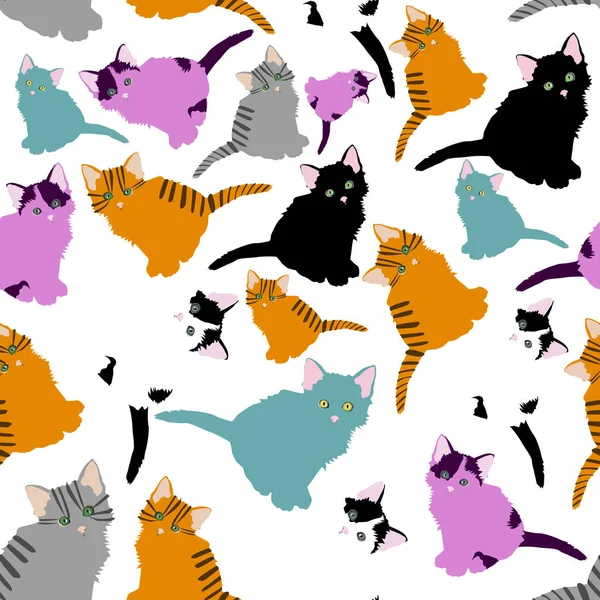 Kleine katten patroon. patroon met leuke cartoon doodle katten op witte achtergrond. Kleine kleurrijke kittens. Grappige dieren. — Stockvector