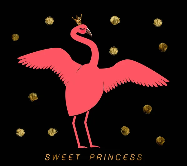 Niedlicher Flamingo in Gold mit funkelnder Krone auf schwarzem Hintergrund mit goldenen Kreisen und Aufschrift süße Prinzessin. — Stockvektor