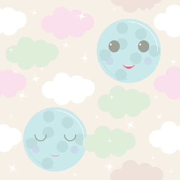 Lindo patrón de cielo. diseño vectorial con sonriente, luna dormida, estrellas y nubes . — Vector de stock