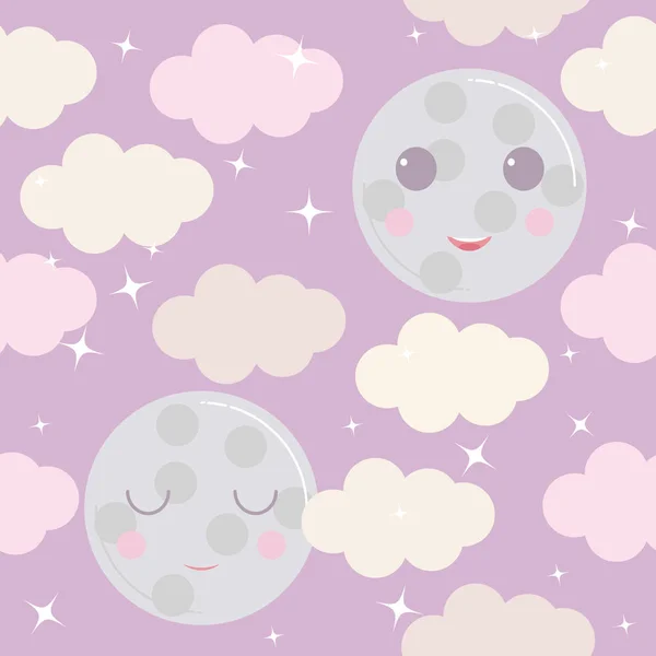 Patrón vectorial cielo nocturno. Linda luna sonriente, estrellas, nubes de fondo . — Vector de stock