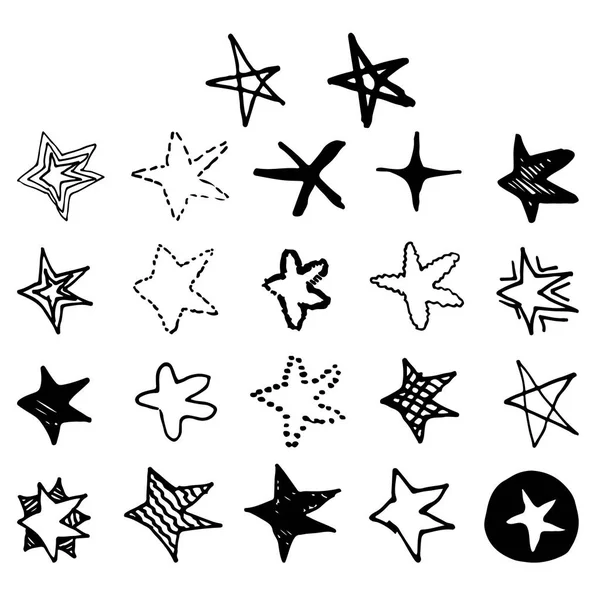 Conjunto de estrellas vectoriales dibujadas a mano negras en estilo garabato sobre fondo blanco . — Archivo Imágenes Vectoriales