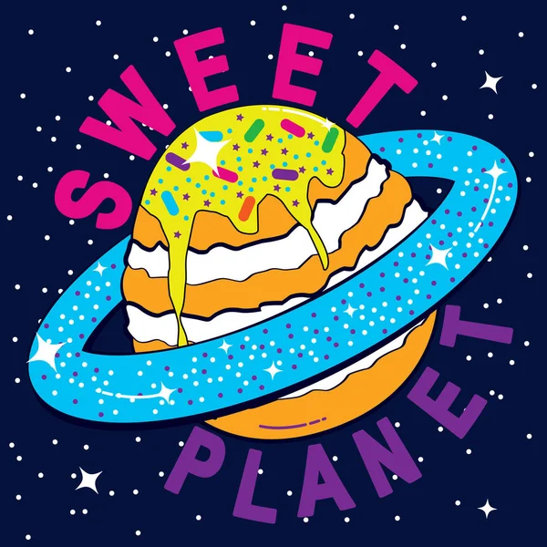 Планета торт в голубом кольце. Девиз Сладкой планеты — стоковый вектор