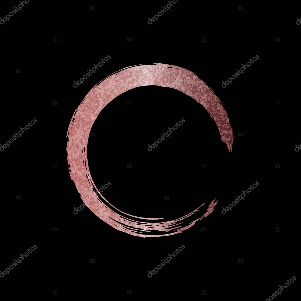 Gold rose brush stroke in form circle. Pink sparkle circle frame. Copper metal paint texture isolated on black background.