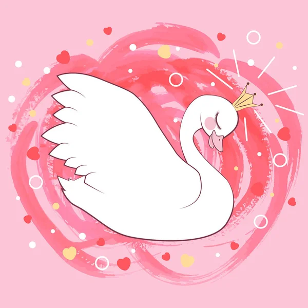 Lindo cisne princesa sobre fondo rosa dibujos animados ilustración vector dibujado a mano . — Vector de stock