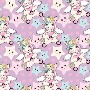 Arka planda kanatları olan küçük tek boynuzlu atlar içeren bir desen