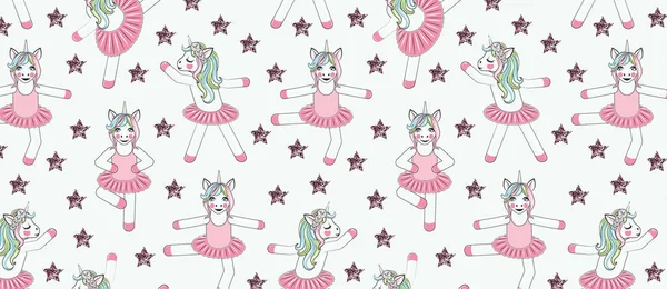 Μοτίβο με χαριτωμένο μονόκερος μπαλαρίνα και αστέρια. Μπορεί να χρησιμοποιηθεί για την εκτύπωση μωρών t-shirt — Διανυσματικό Αρχείο