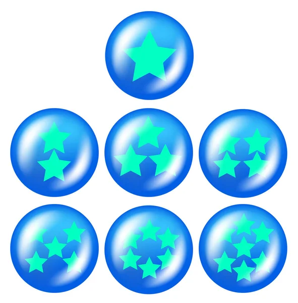 Μια σειρά από επτά γυαλιστερές μπάλες με αστέρια από ένα — Διανυσματικό Αρχείο