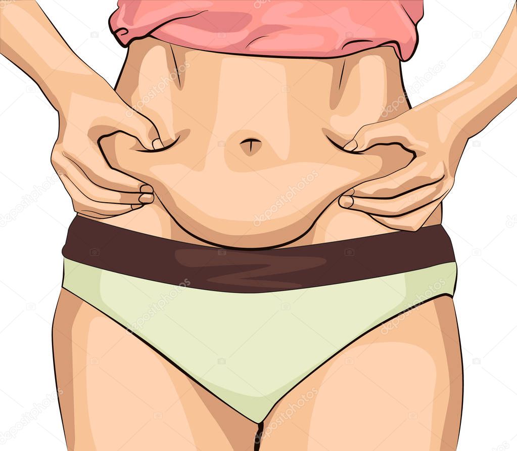 The girl clamps the fold of the belly with both hands.