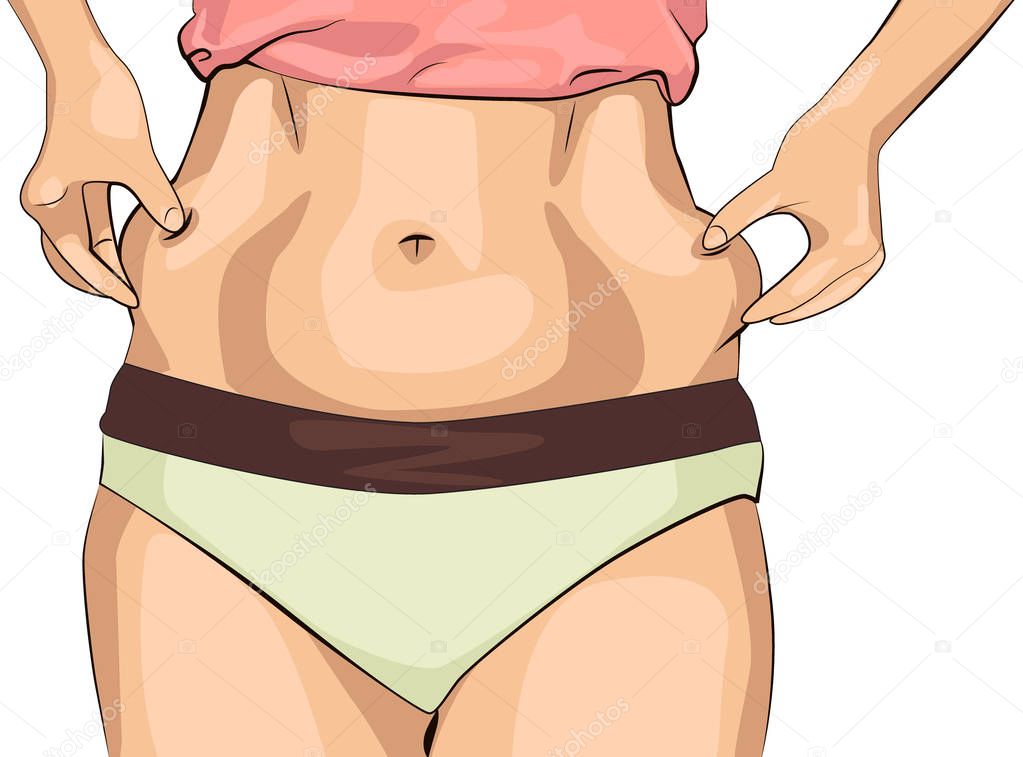 The girl clamps the folds of her sides with her hands. Women with a fat waist.