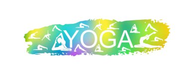 bir yoga poz illüstrasyon kadın siluetleri ile tipografi sloganı arka planda illüstrasyon