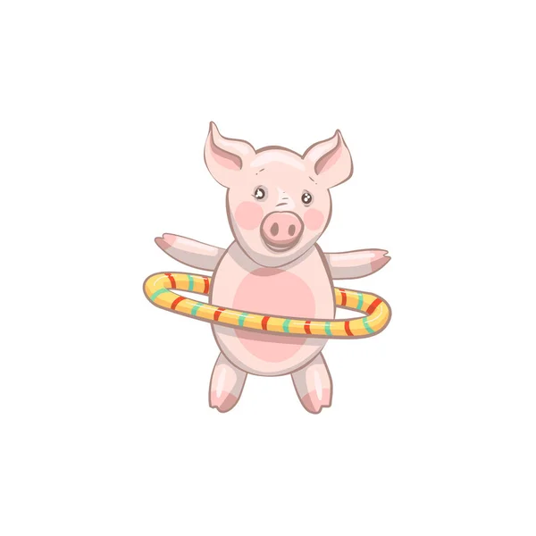 Pig is spinning hula hoop. funny pig who are engaged — Stock Vector