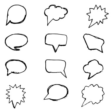 Konuşma kabarcıkları siyah çizgi beyaz arka plan üzerinde ayarlayın. Elle çizilmiş elemanlar kümesi. Konuşma kabarcıkları simgesi düz simgesi.