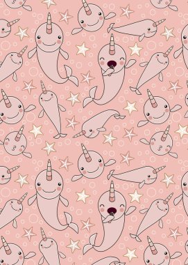 Sevimli bebek deniz gergedanı veya balina tek boynuzlu at ile Desen