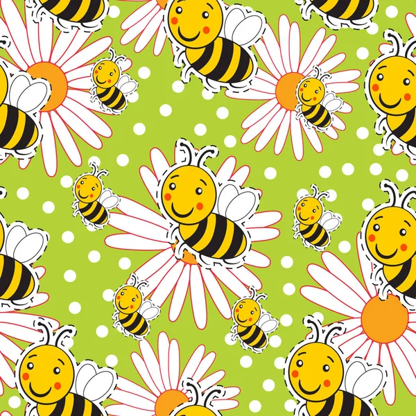 Modèle avec abeille et camomilles blanches sur un vert — Image vectorielle