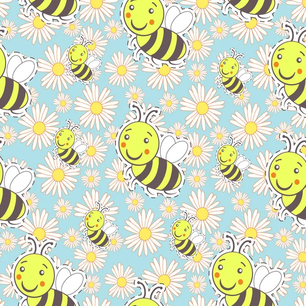 Modèle avec abeille et camomilles blanches sur un fond vert — Image vectorielle