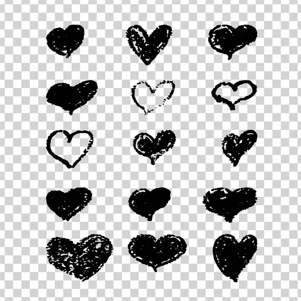 Un conjunto de corazones negros dibujados a mano. Elementos de diseño con textura grunge para tarjetas de regalo, invitaciones y valentines . — Vector de stock