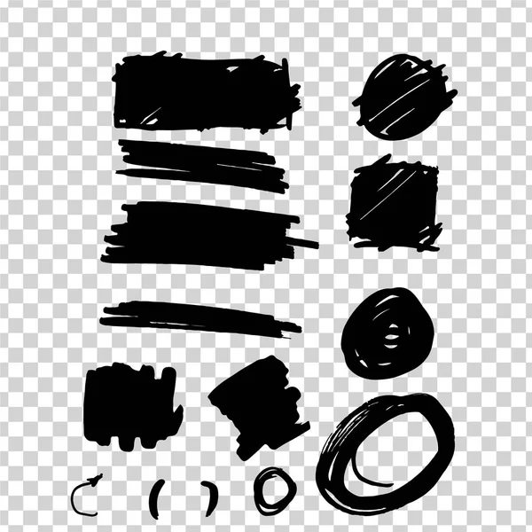 Zestaw czarnych pociągnięć z markerem, bazgroły, linie chaotyczne, okręgi, abstrakcyjne linie, pomalowany kwadrat, zacieniony okrąg — Wektor stockowy