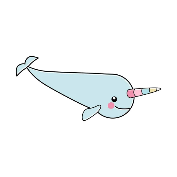 Narwhal Cute dengan tanduk berwarna pelangi - Stok Vektor