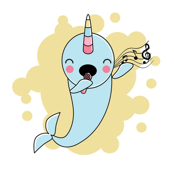 Cute bernyanyi Narwhal di Yellow Background - Stok Vektor