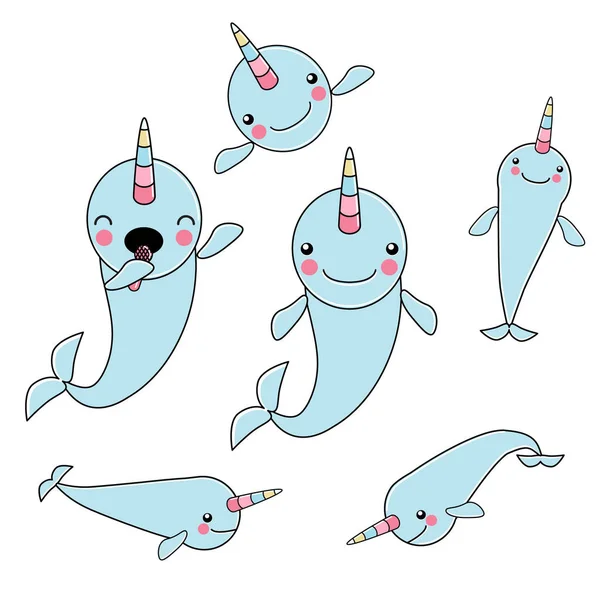 Cartoon szczęśliwy Narwhal zestaw — Wektor stockowy