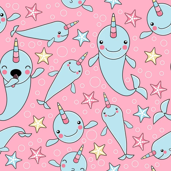 Wzór z cute baby Narwhal lub wielorybów jednorożca znaków — Wektor stockowy