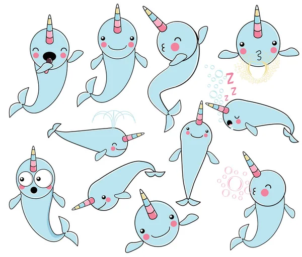 stock vector SET of cute baby narwhal or whale unicorn