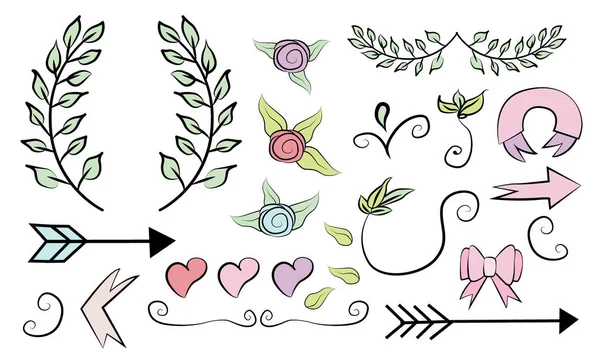Set aus niedlichen Doodle-Bannern, floralen Elementen und Herzen — Stockvektor
