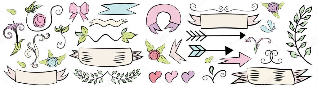 Set of cute doodle banners, floral elements and hearts