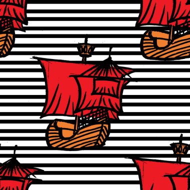 siyah hat üzerinde Kırmızı yelkenli gemiler ile desen