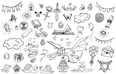 Davet için beyaz izole el çizilmiş doodle masal seti