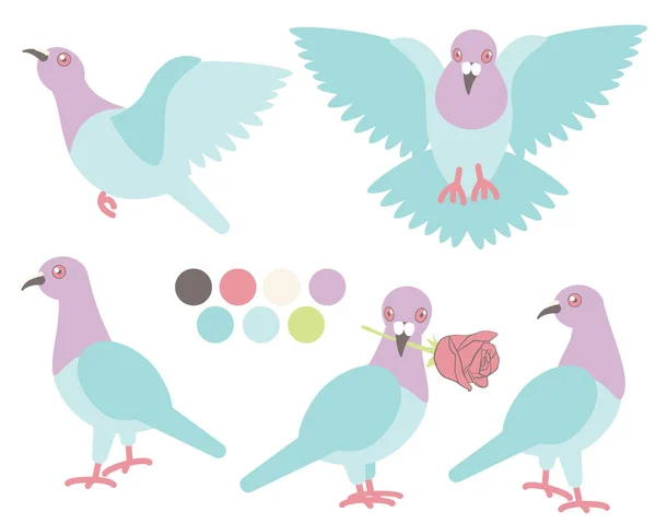 Conjunto de palomas, pájaro en un estilo plano en blanco — Vector de stock
